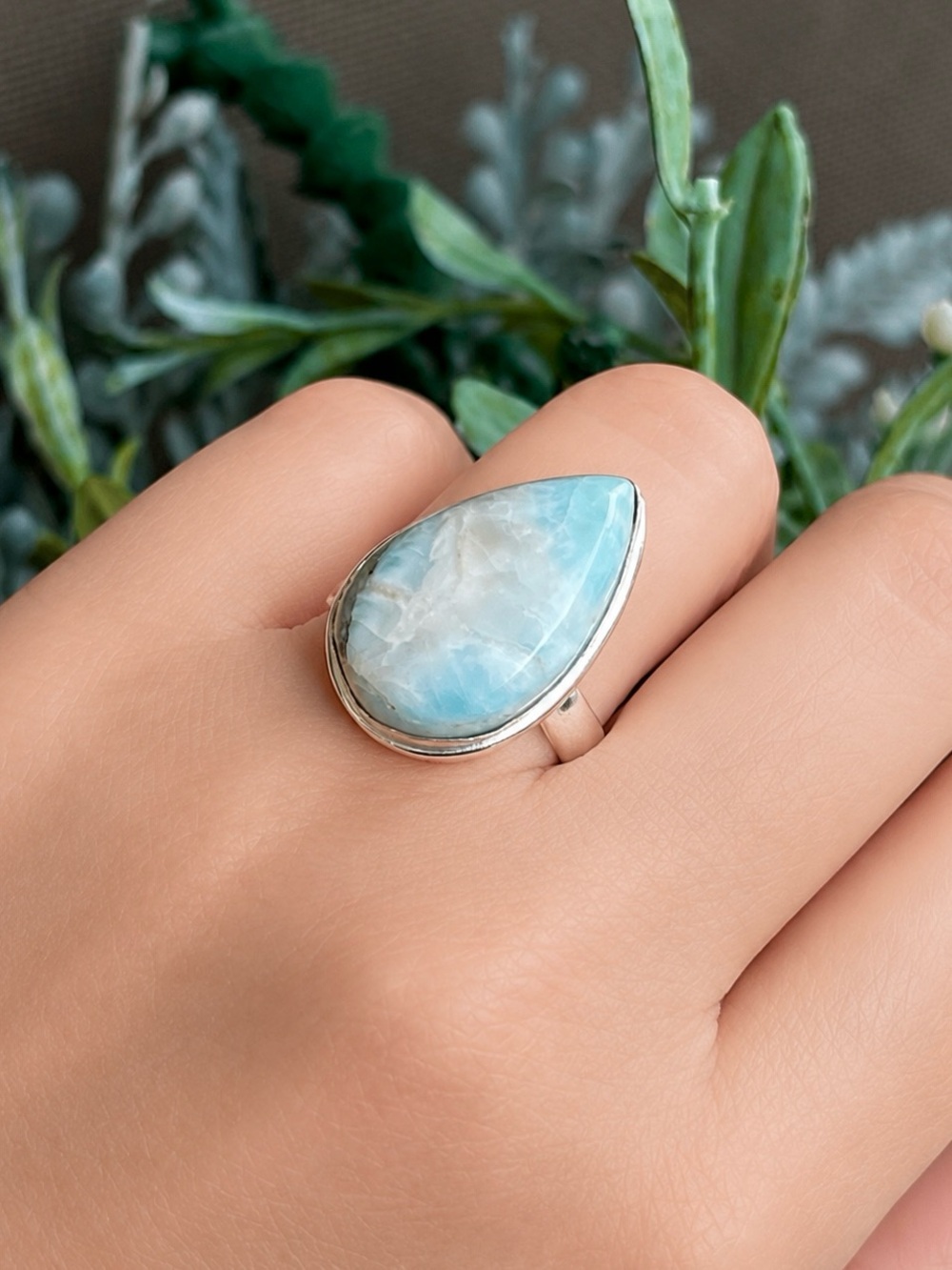 Teardrop Natural Larimar Sterling Silver Ring Sz 8